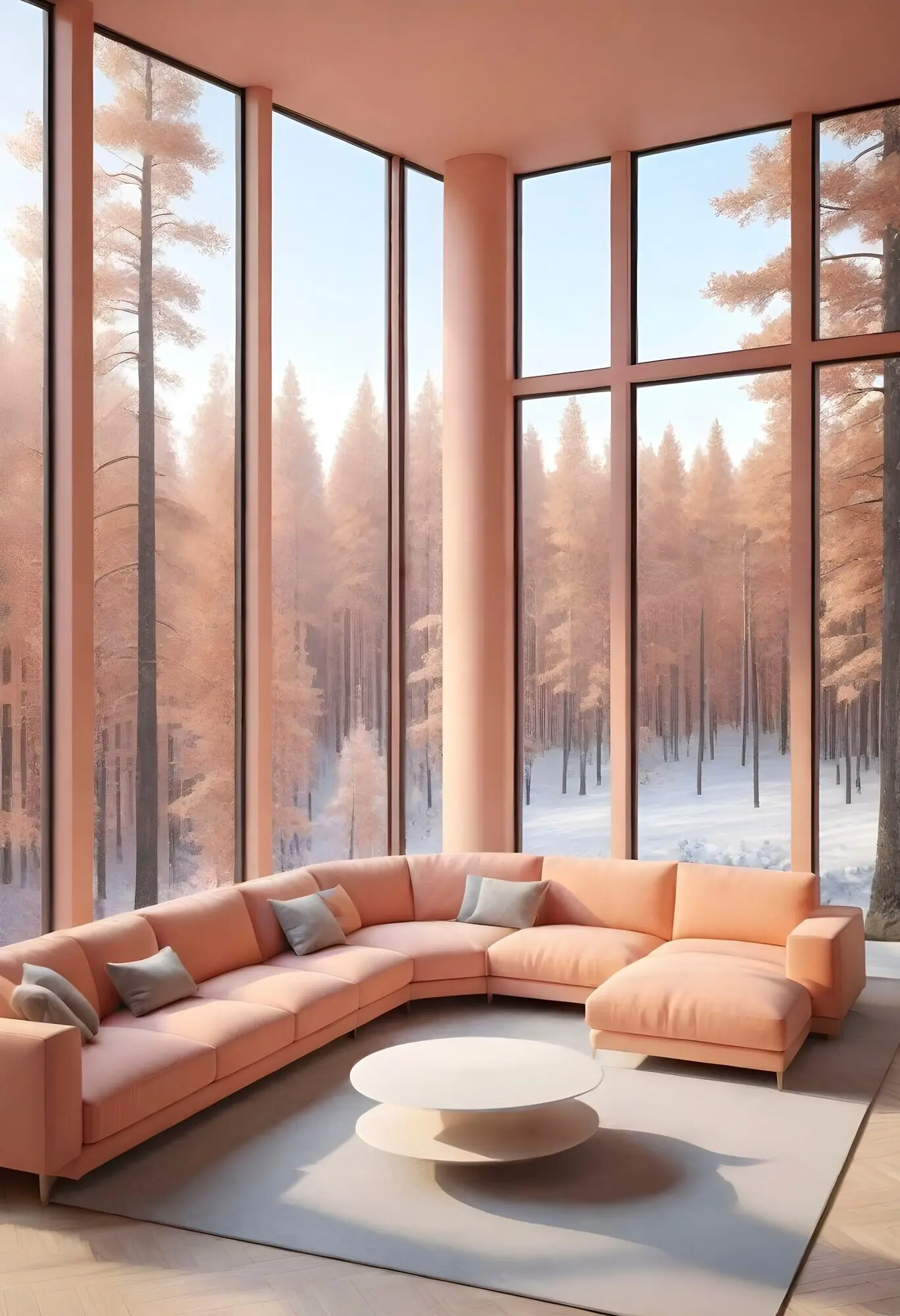 Innenraumgestaltung in der Farbe des Jahres mit Möbeln und Dekoration